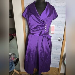 Vtg Deep Purple Taffeta V-Neck Midi Dress with Rhinestone Buttons and Tie Sash